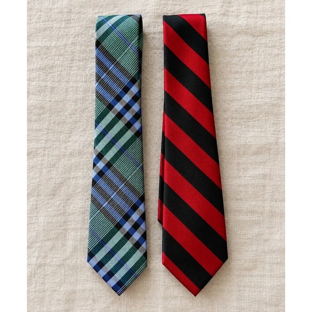 Ben Sherman Men’s Silk Necktie Lot of 2 Plaid & Red Black Stripe Like New